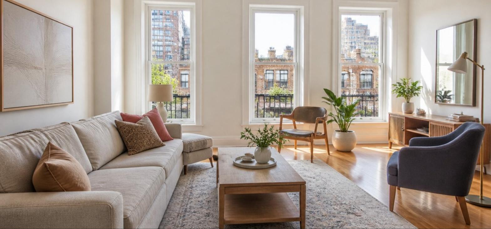 Bright, well-maintained New York City apartment living room with large windows